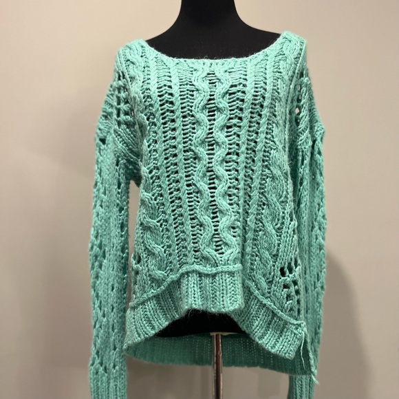Free People Open Knit Mint Green Long Sleeve Sweater Size Medium - Picture 2 of 12